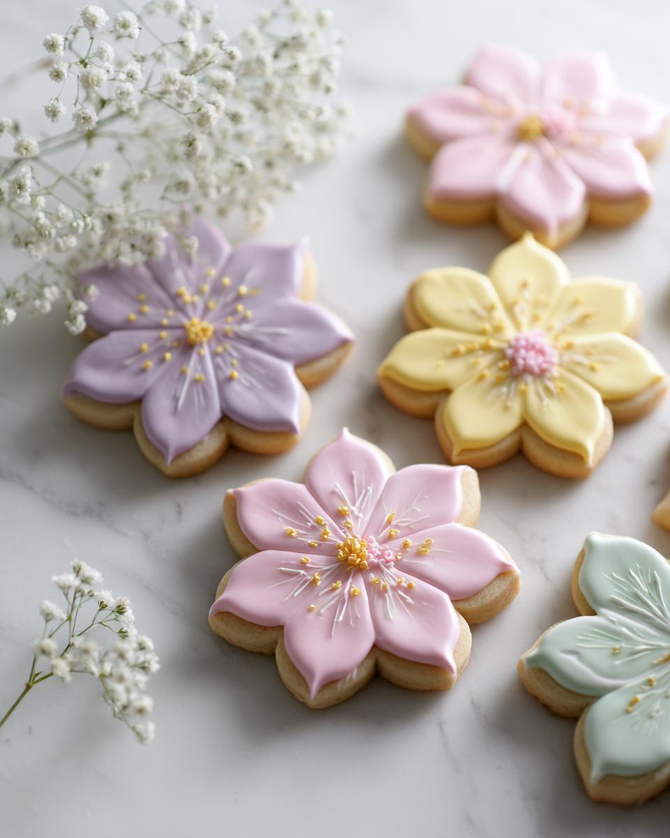 Close-up of pastel-colored, flower-shaped Wildflower Baby Shower Cookies decorated with royal icing.