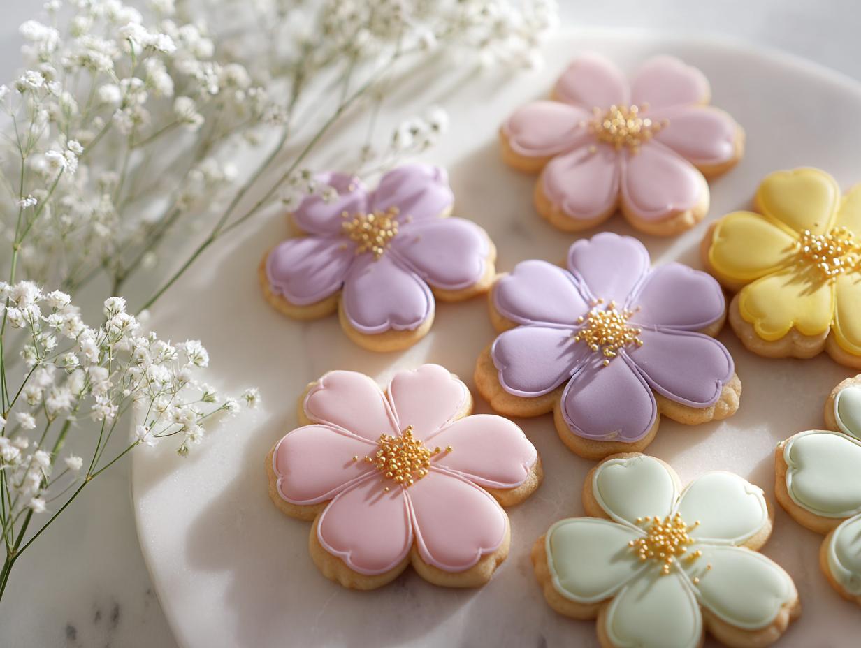 Pastel-colored, flower-shaped Wildflower Baby Shower Cookies decorated with gold sprinkles.
