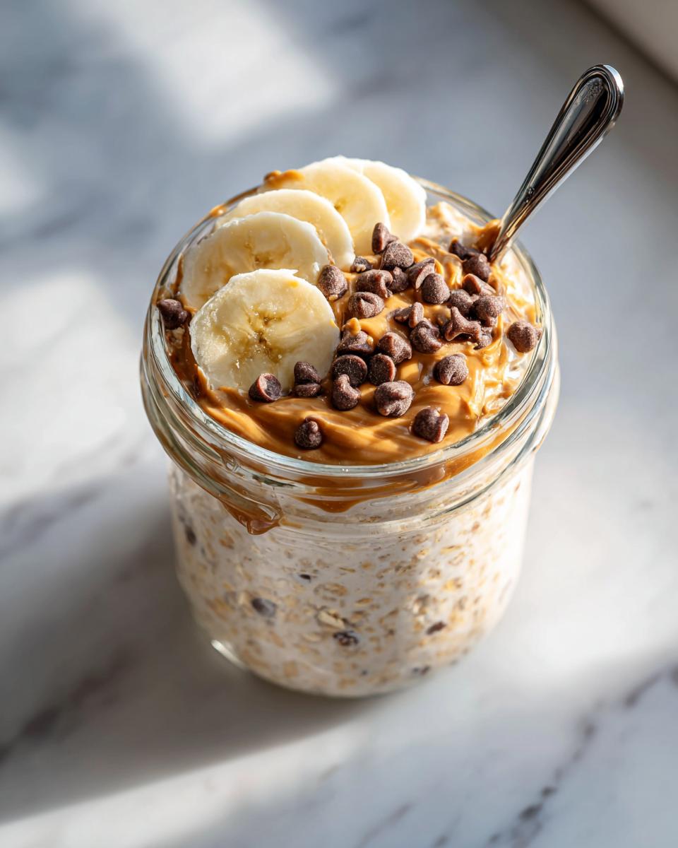 Close-up of Peanut Butter Banana Cinnamon Overnight Oats topped with peanut butter, banana slices, and chocolate chips.