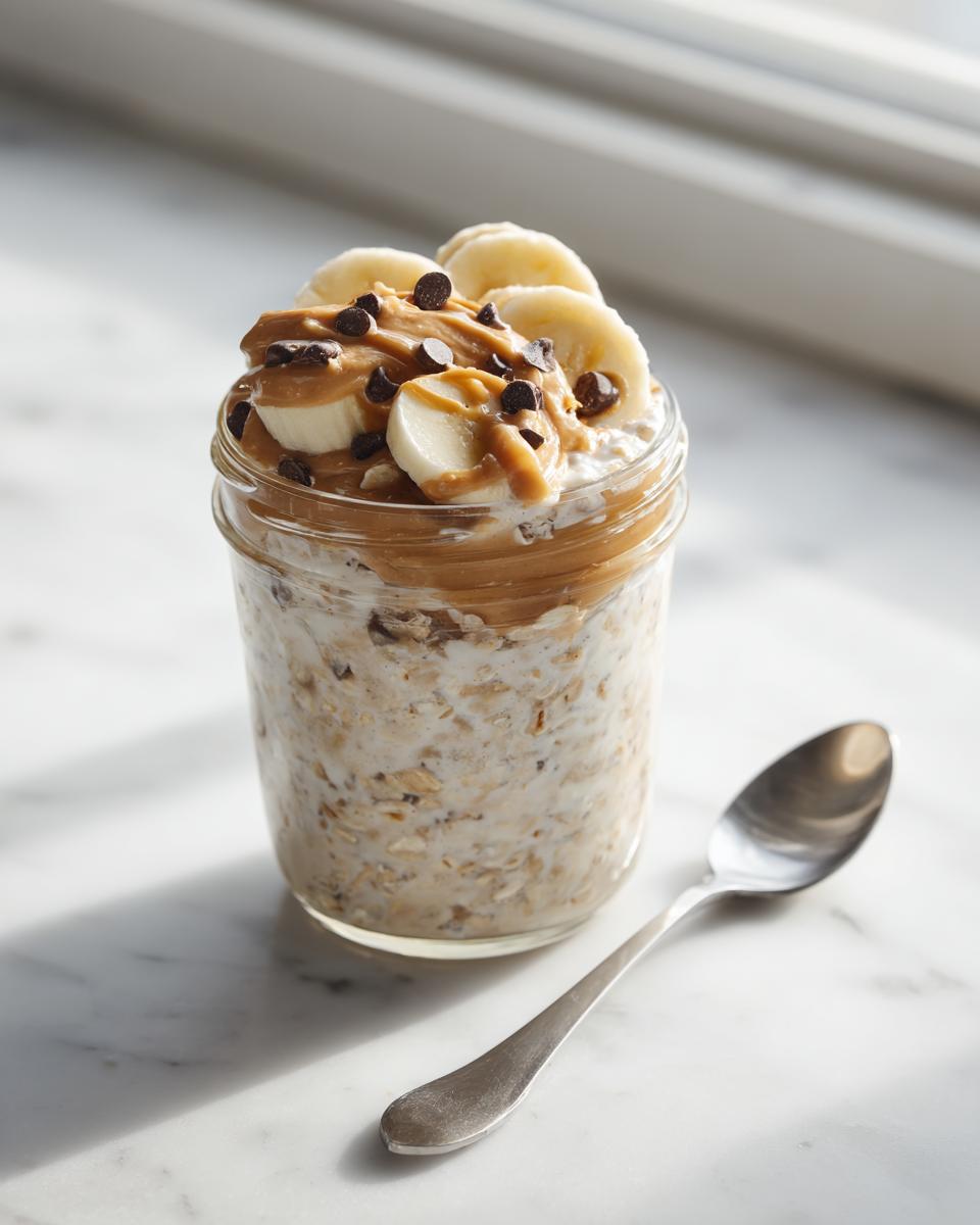 Jar of Peanut Butter Banana Cinnamon Overnight Oats topped with banana slices and chocolate chips.