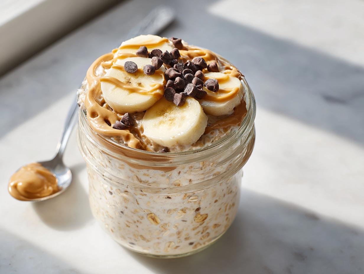 Close-up of Peanut Butter Banana Cinnamon Overnight Oats topped with banana slices, peanut butter drizzle, and chocolate chips.