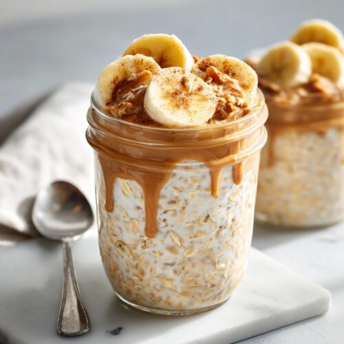 Close-up of Peanut Butter Banana Protein Overnight Oats topped with banana slices and peanut butter drizzle in a glass jar.