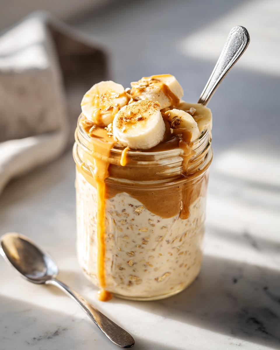 Close-up of Peanut Butter Banana Protein Overnight Oats topped with sliced bananas and peanut butter drizzle.