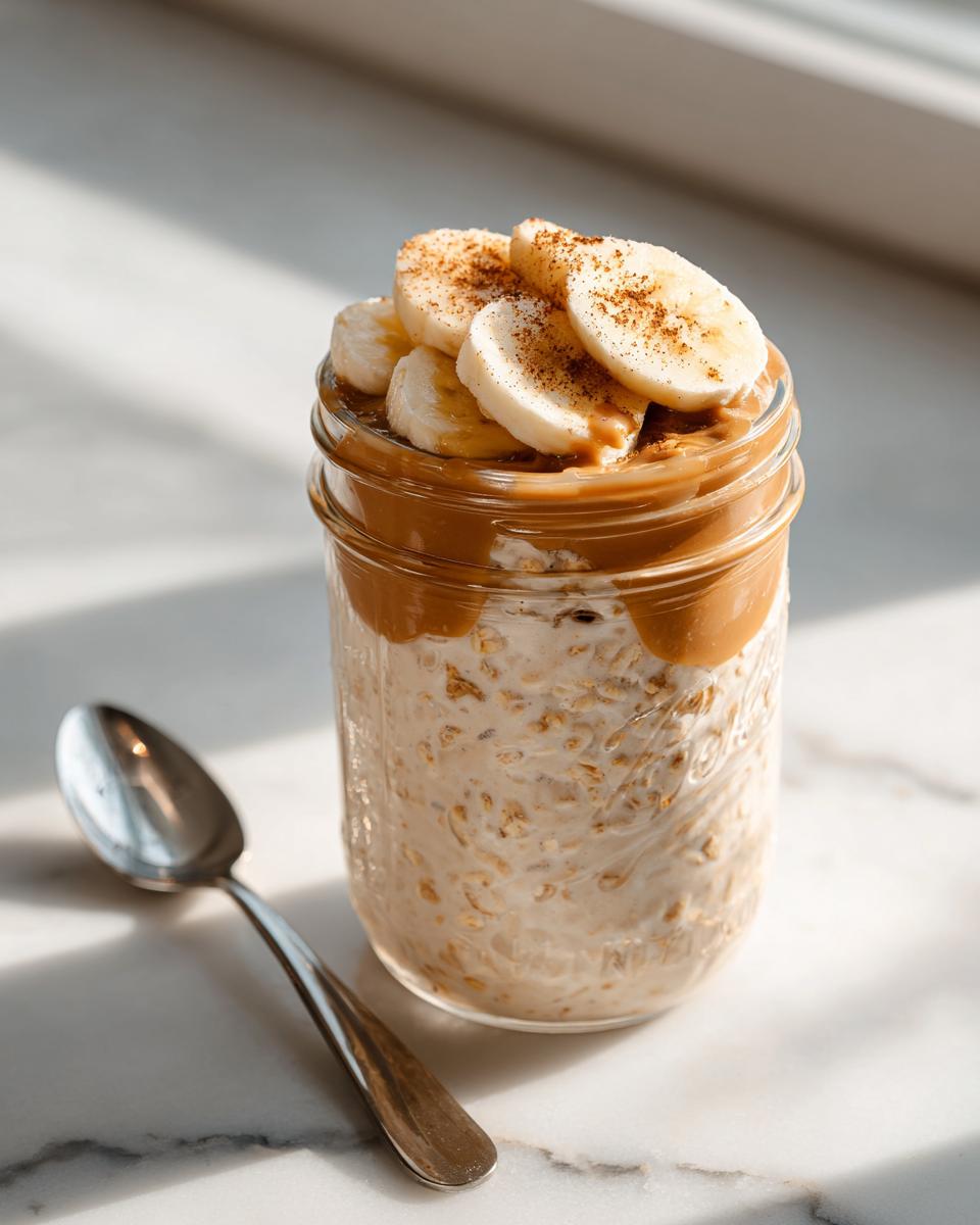 A jar of Peanut Butter Banana Protein Overnight Oats topped with sliced bananas and cinnamon, next to a spoon.