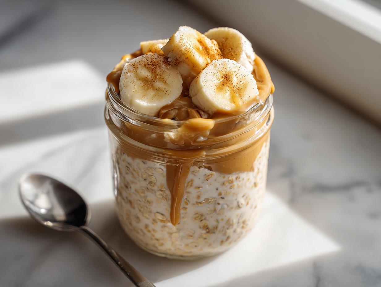 Close-up of Peanut Butter Banana Protein Overnight Oats topped with sliced bananas and cinnamon in a glass jar.