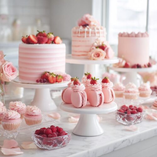 An elegant display featuring multiple pink cakes, macarons topped with strawberries, and fresh raspberries for a Pink Dessert Table for Baby Shower.