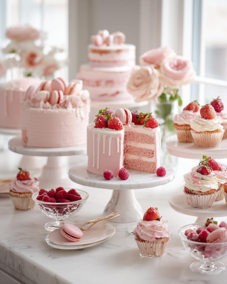 A stunning Pink Dessert Table for Baby Shower featuring pink layer cakes, cupcakes, macarons, and fresh raspberries.