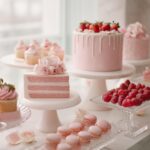 A beautiful display for a Pink Dessert Table for Baby Shower featuring a slice of pink layer cake, a drip cake, cupcakes, and fresh raspberries.
