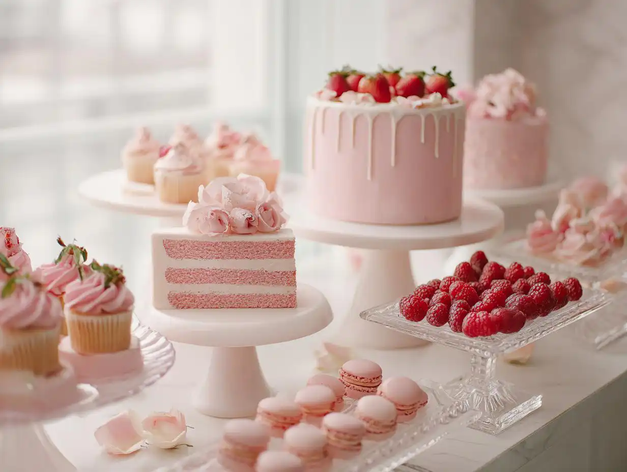 A beautiful display for a Pink Dessert Table for Baby Shower featuring a slice of pink layer cake, a drip cake, cupcakes, and fresh raspberries.