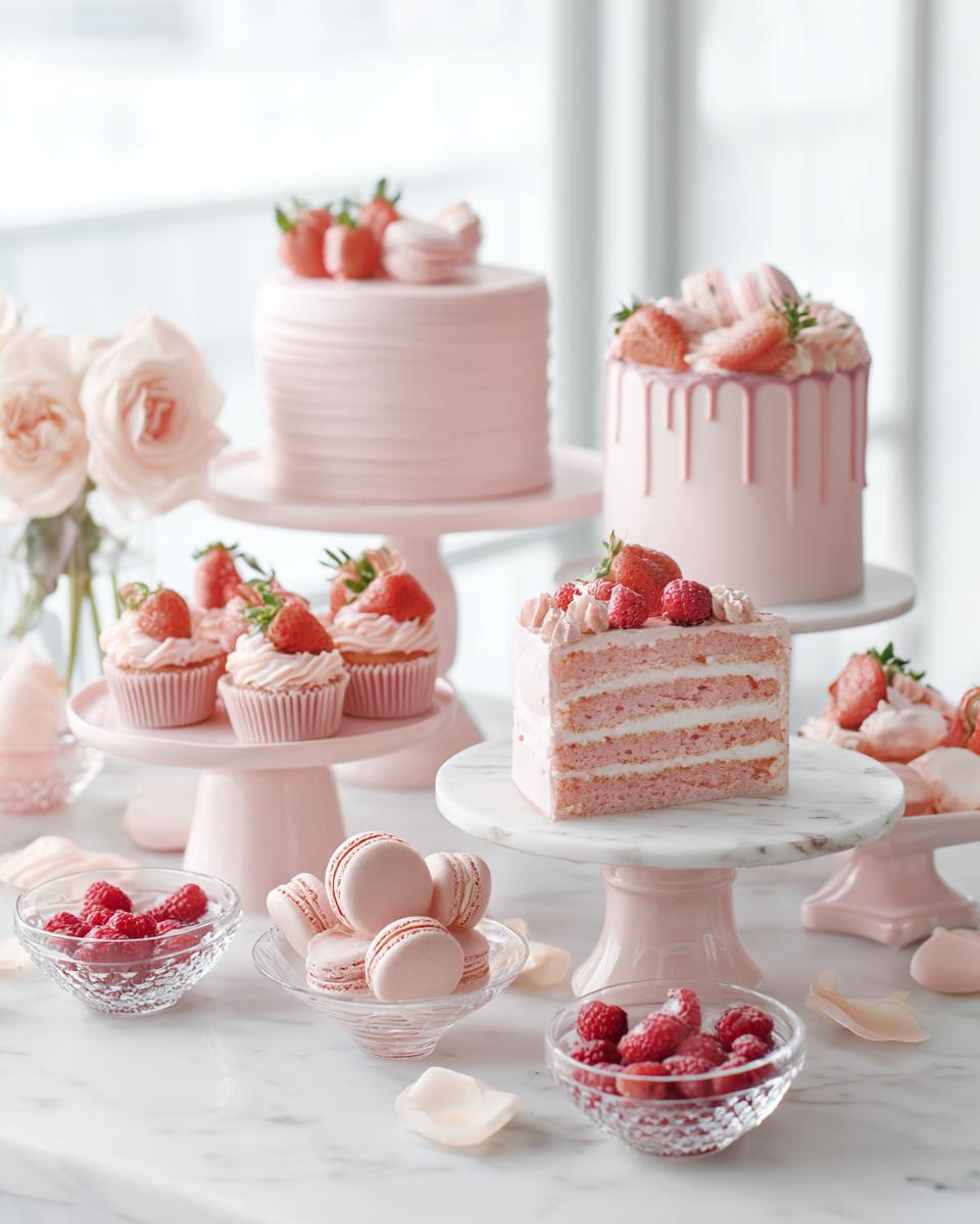 An elegant display featuring pink cakes, cupcakes, macarons, and fresh raspberries for a Pink Dessert Table for Baby Shower.
