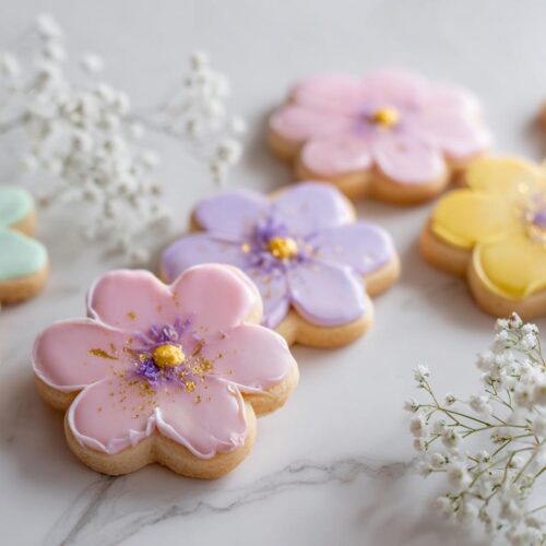 Close-up of beautifully decorated pink Wildflower Baby Shower Cookies with purple centers and gold dust on a marble surface.