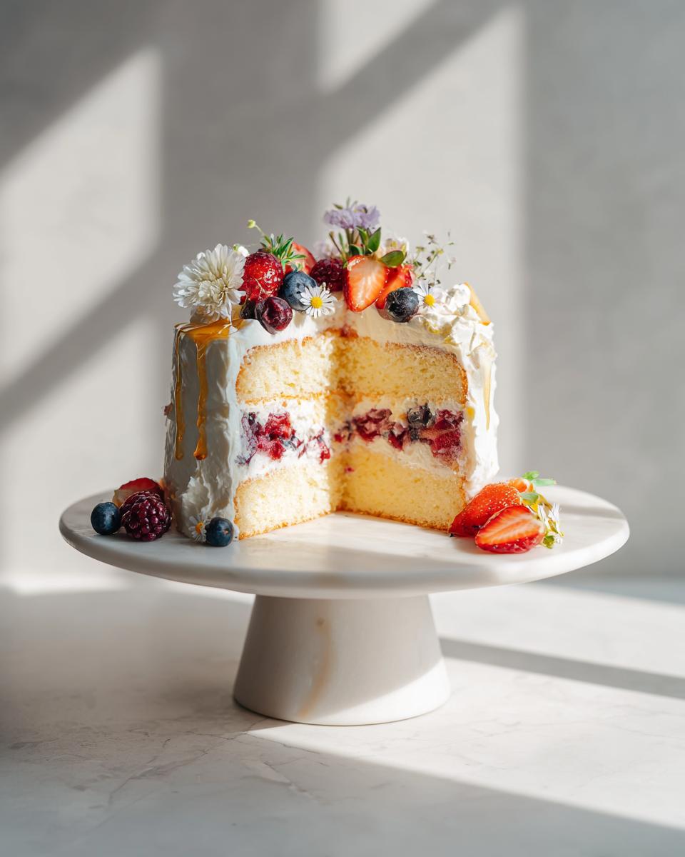 A slice cut from a rustic layer cake topped with fresh berries and small flowers, perfect for Rustic Wedding Dessert Table Ideas.