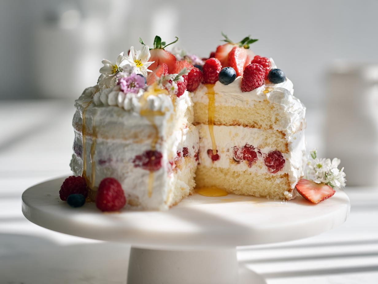 A slice removed from a rustic layer cake filled with cream and berries, decorated with fresh fruit and flowers for Rustic Wedding Dessert Table Ideas.
