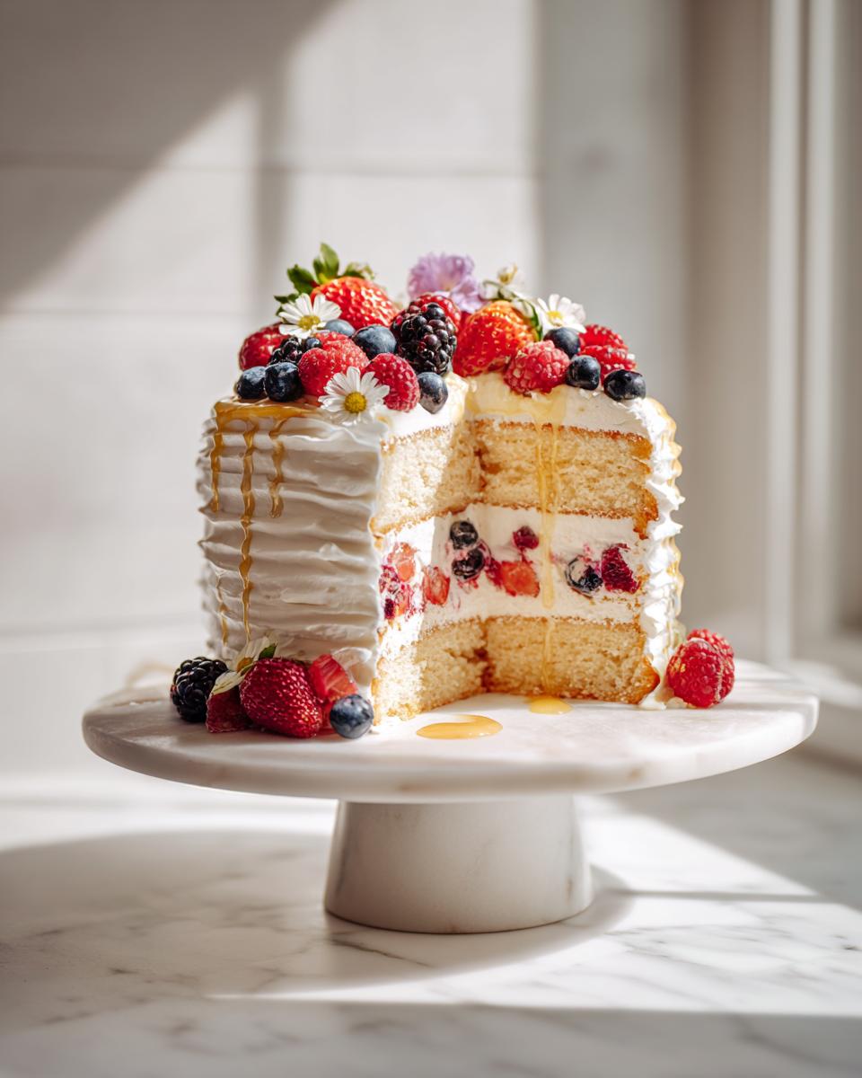 A slice cut from a rustic wedding dessert table ideas cake, layered with cream and berries, topped with fresh fruit.