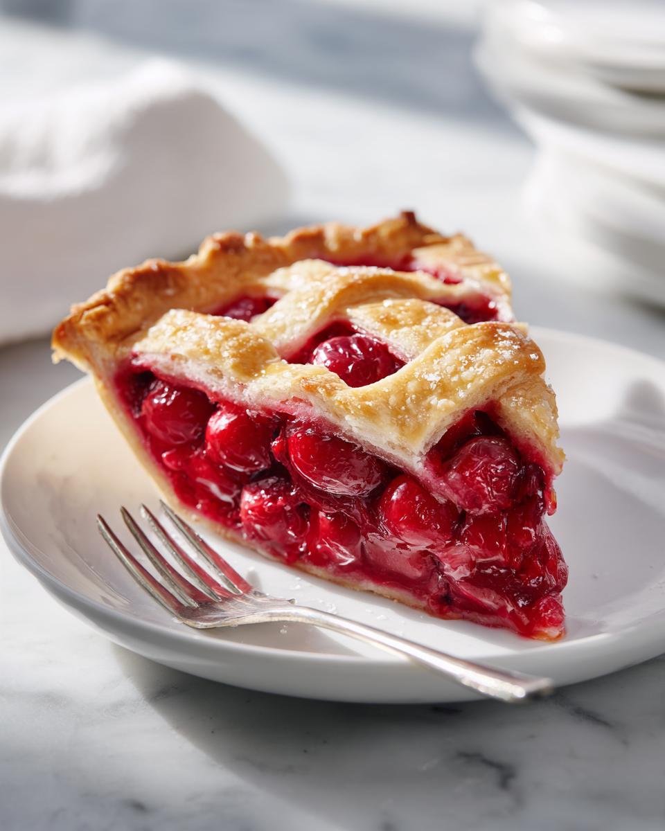 A perfect slice of Cherry Lemon Zest Pie showing the bright red filling and golden lattice crust, served on a white plate.