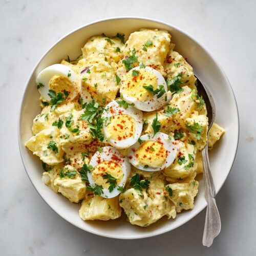 Overhead view of creamy Southern Potato Salad with Eggs, garnished with paprika and fresh parsley.