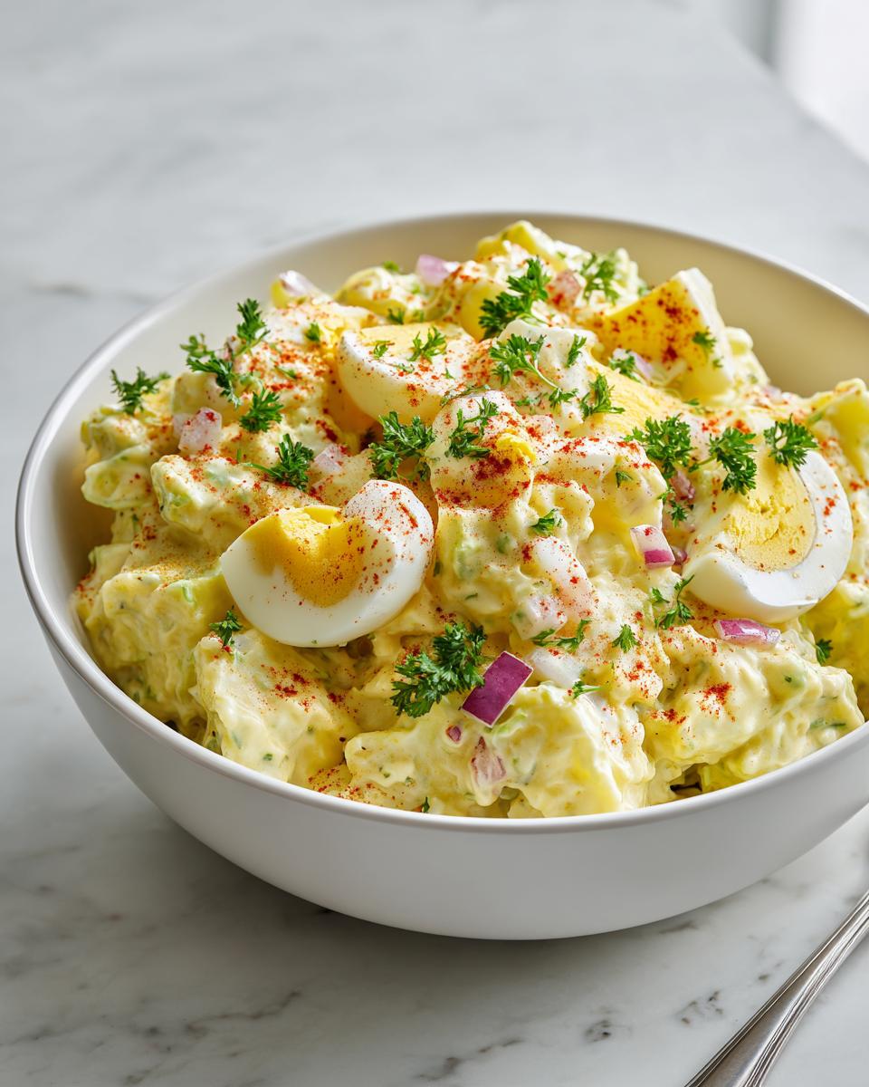 A white bowl filled with creamy Southern Potato Salad with Eggs, garnished with sliced hard-boiled eggs and paprika.