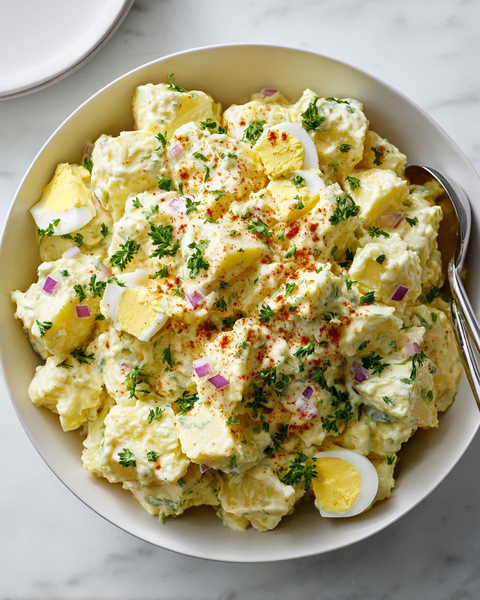 Close-up overhead view of creamy Southern Potato Salad with Eggs, garnished with red onion, parsley, and paprika.