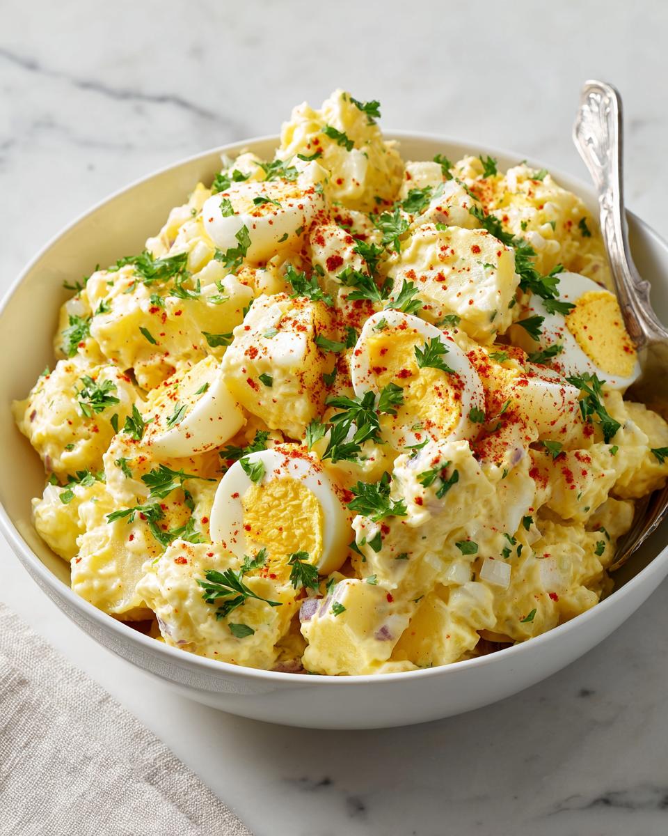 A creamy bowl of Southern Potato Salad with Eggs, garnished with paprika and fresh parsley.