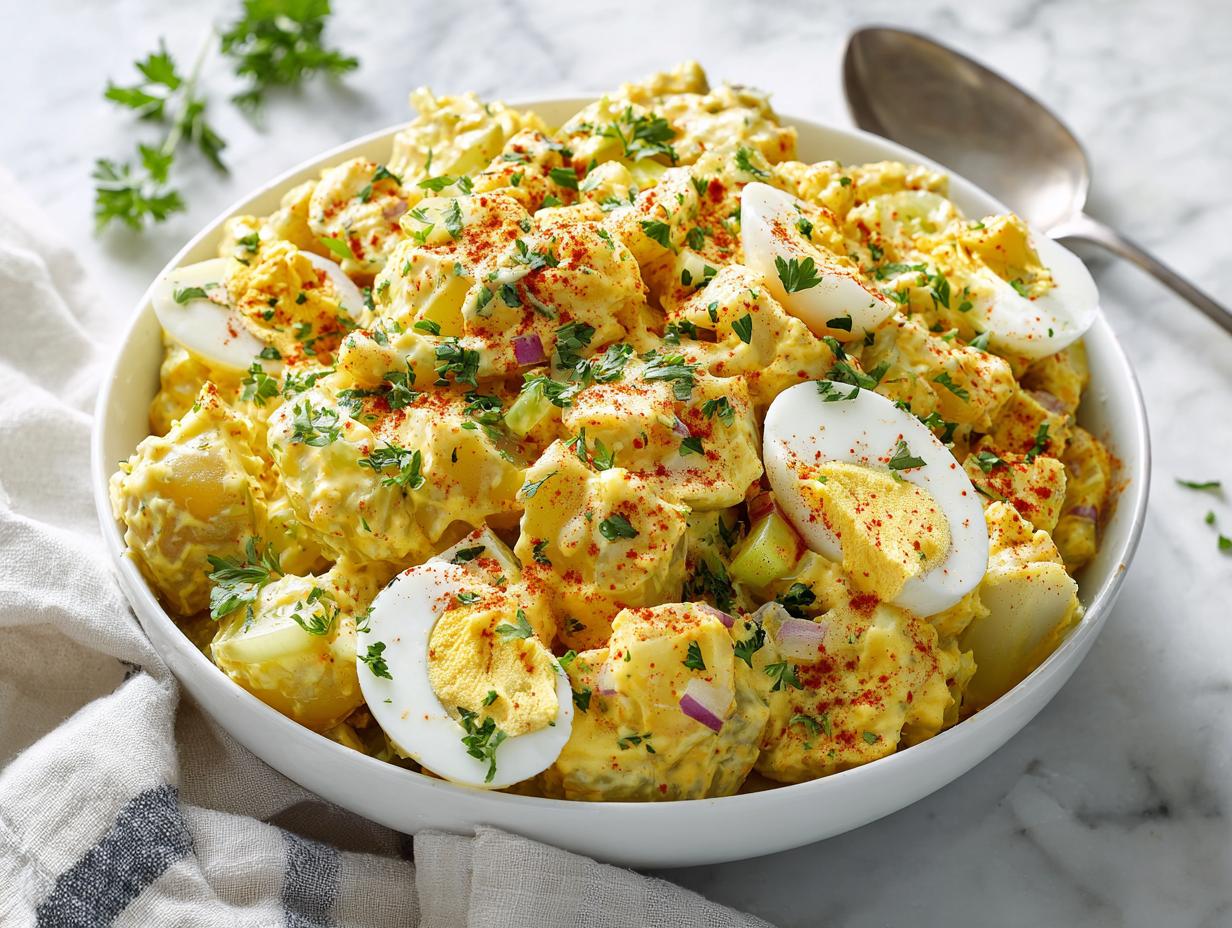A creamy bowl of Southern Potato Salad with Eggs, garnished with paprika and fresh parsley.