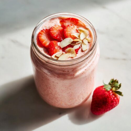 A jar filled with pink Strawberry Blended Overnight Oats, topped with sliced strawberries and slivered almonds, next to a fresh strawberry.
