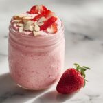 Close-up of Strawberry Blended Overnight Oats in a mason jar, topped with sliced strawberries and slivered almonds, next to a fresh strawberry.
