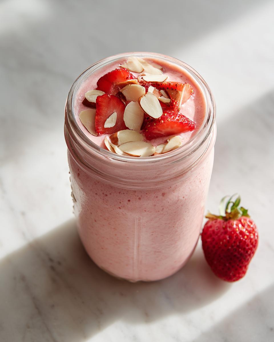 A glass jar of pink Strawberry Blended Overnight Oats topped with sliced strawberries and slivered almonds, with a fresh strawberry beside it.