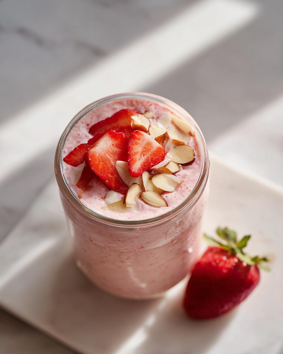 A glass jar filled with pink Strawberry Blended Overnight Oats, topped with sliced strawberries and slivered almonds.