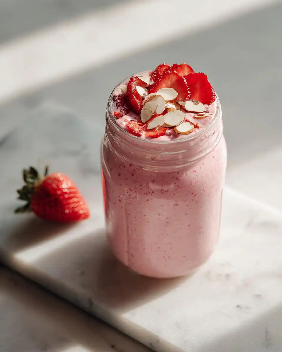 Pink Strawberry Blended Overnight Oats topped with sliced strawberries and almonds in a glass jar.