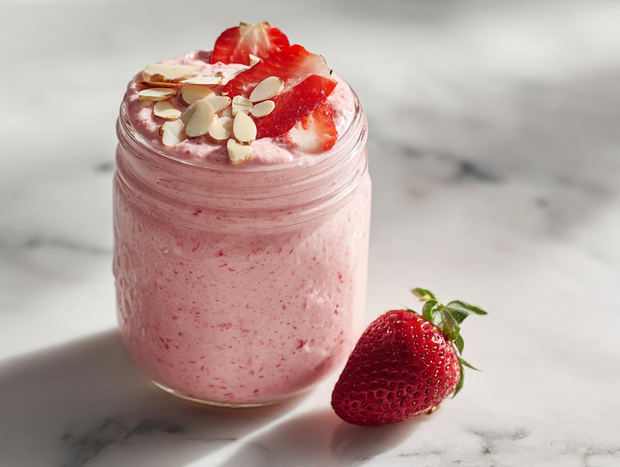 Close-up of Strawberry Blended Overnight Oats in a mason jar, topped with sliced strawberries and slivered almonds, next to a fresh strawberry.