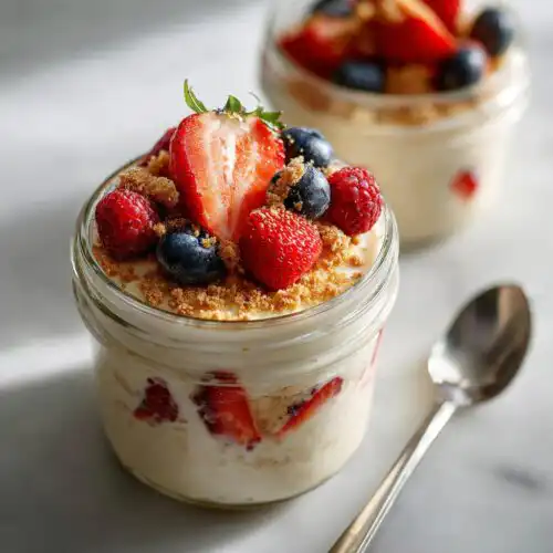 Overnight Strawberry Cheesecake Oats with Fresh Berries, topped with a strawberry slice, blueberries, raspberries, and graham cracker crumbs.