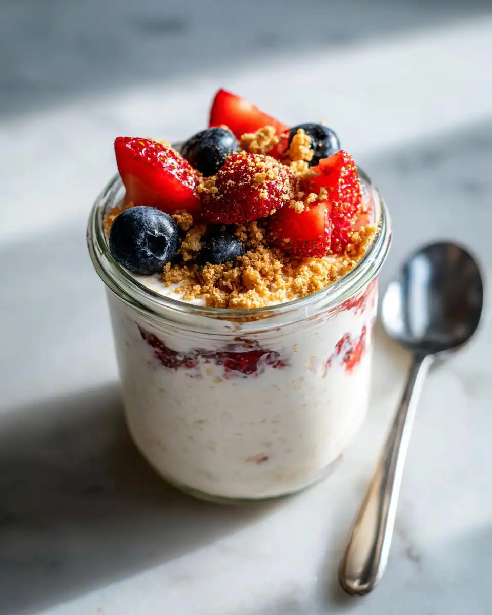 Overnight Strawberry Cheesecake Oats with Fresh Berries and graham cracker crumble in a glass jar.