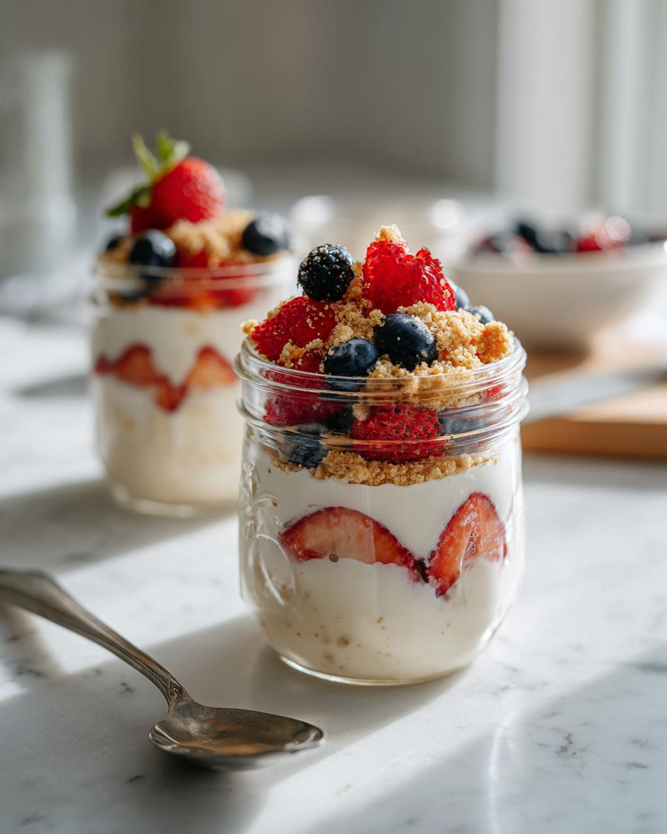 Close-up of Strawberry Cheesecake Oats with Fresh Berries layered in a mason jar, topped with crumbs.