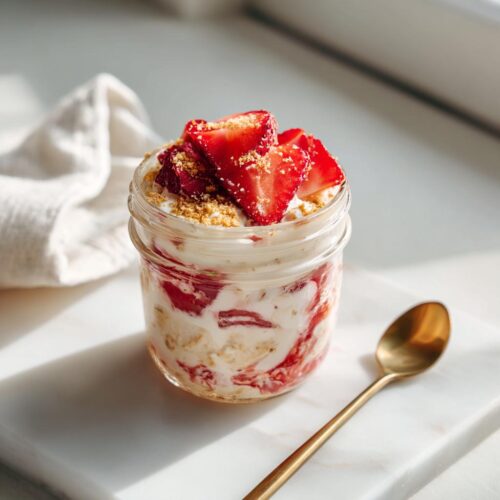Close-up of Strawberry Cheesecake Overnight Oats with Cream Cheese Swirl in a jar, topped with fresh strawberries.