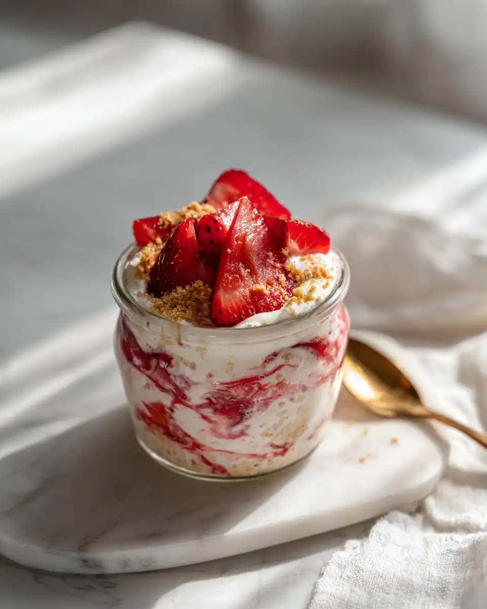A jar of Strawberry Cheesecake Overnight Oats with cream cheese swirl, topped with fresh strawberries and crumbs.