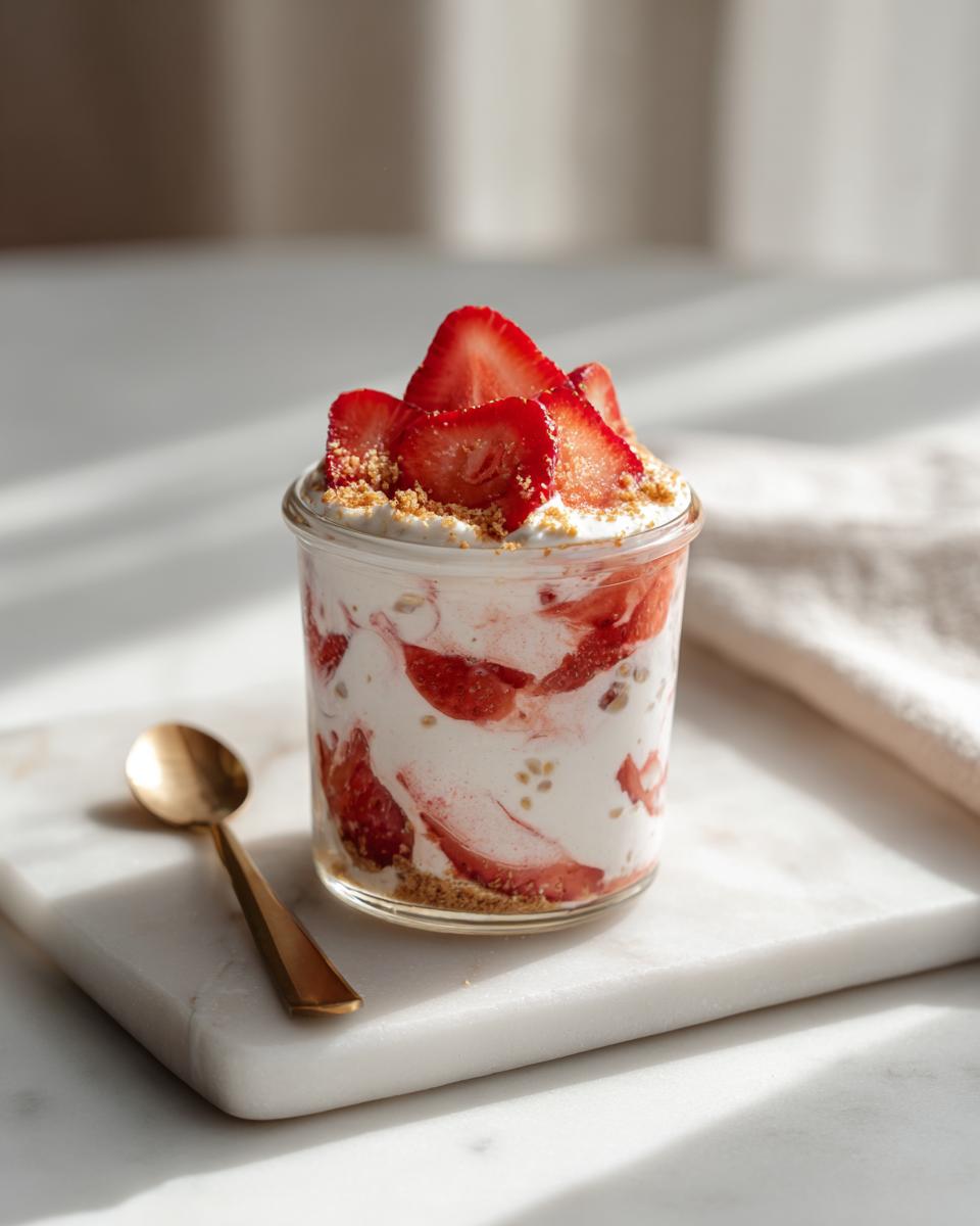 Close-up of Strawberry Cheesecake Overnight Oats with Cream Cheese Swirl layered in a glass jar, topped with fresh strawberries.