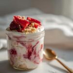 Close-up of Strawberry Cheesecake Overnight Oats with Cream Cheese Swirl in a jar, topped with fresh strawberries.