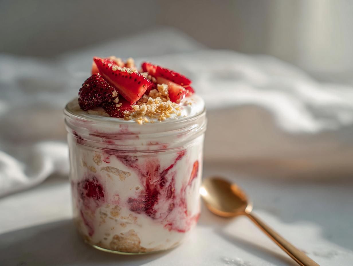 Close-up of Strawberry Cheesecake Overnight Oats with Cream Cheese Swirl in a jar, topped with fresh strawberries.