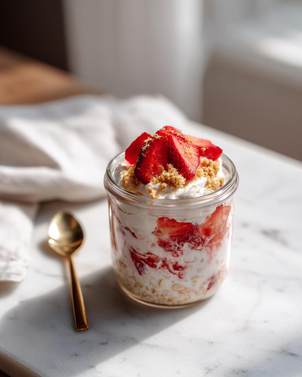 A glass jar of Strawberry Cheesecake Overnight Oats with cream cheese swirl, topped with fresh strawberries and graham cracker crumbs.
