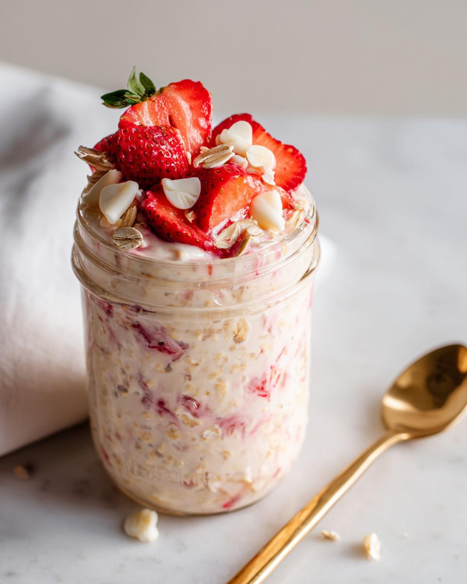 Close-up of Strawberry Cheesecake Overnight Oats with White Chocolate chips and fresh strawberries in a mason jar.