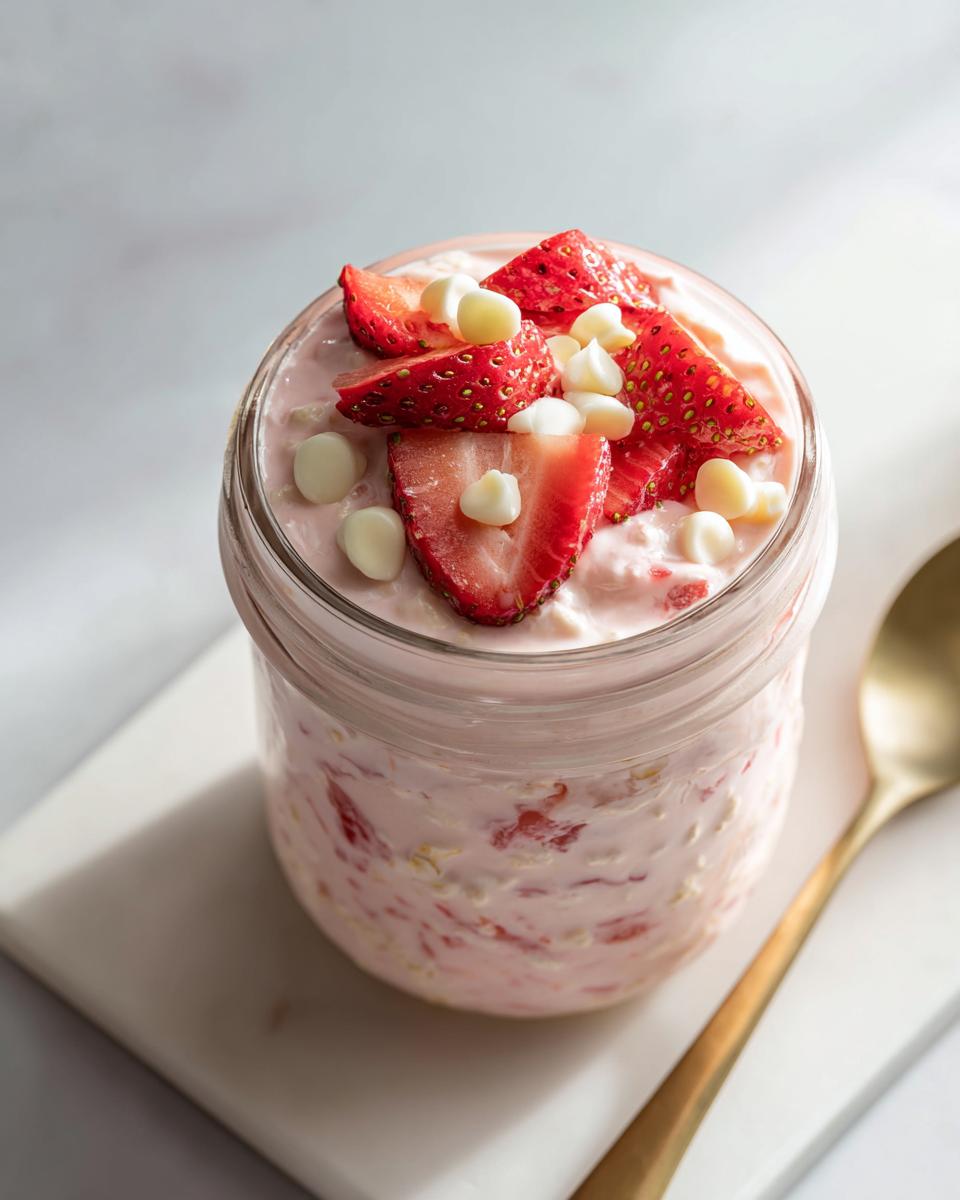 Close-up of Strawberry Cheesecake Overnight Oats in a jar, topped with fresh strawberries and white chocolate chips.