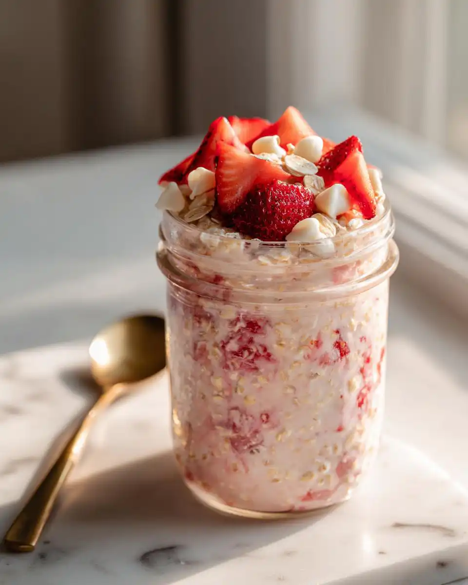 A jar of Strawberry Cheesecake Overnight Oats with White Chocolate, topped with fresh strawberries and white chocolate chips.