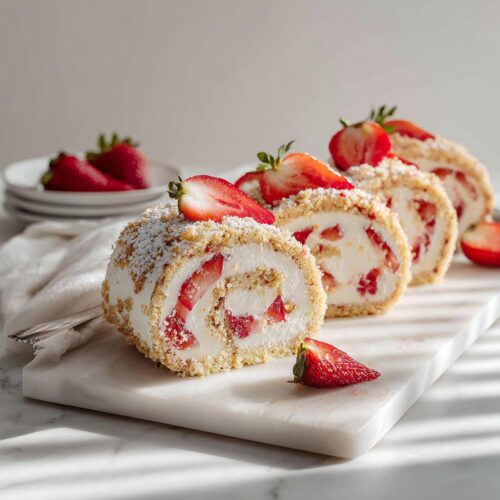 Four slices of Strawberry Cheesecake Rolls with graham cracker crumble, cream cheese filling, and fresh strawberries.