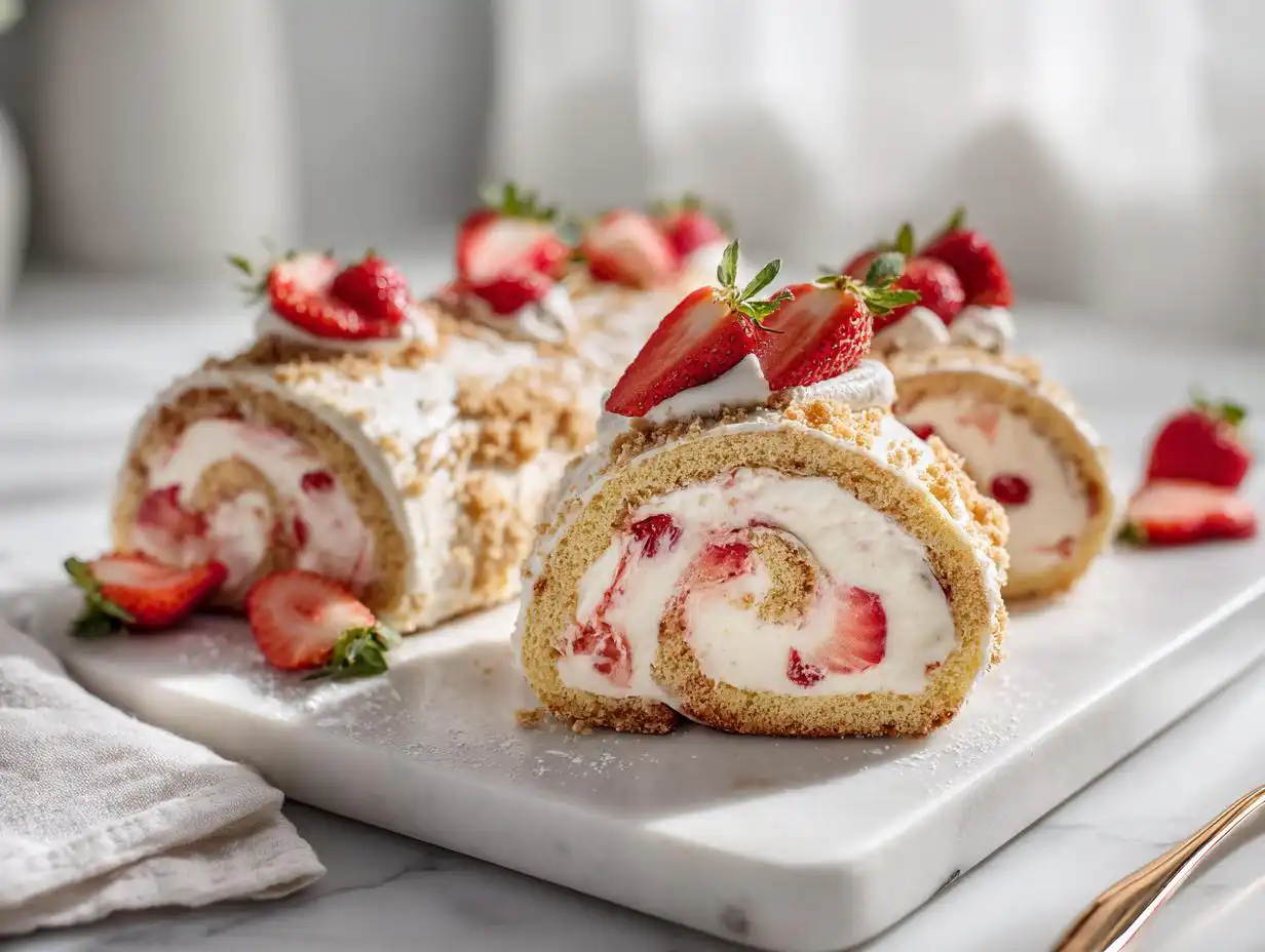Close-up of sliced Strawberry Cheesecake Rolls with graham cracker crumble and fresh strawberries.