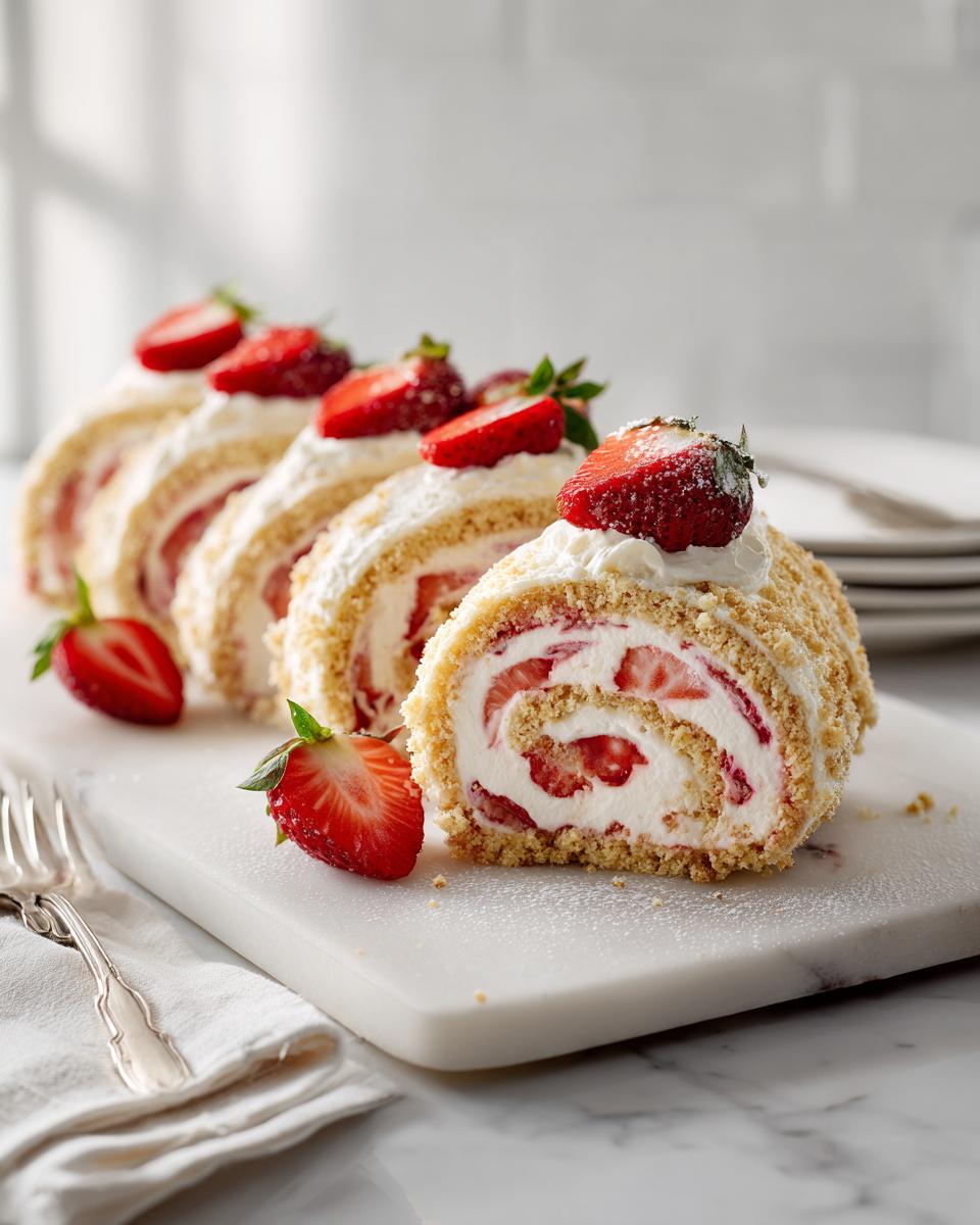 Four slices of Strawberry Cheesecake Rolls with Graham Cracker Crumble, topped with fresh strawberries.