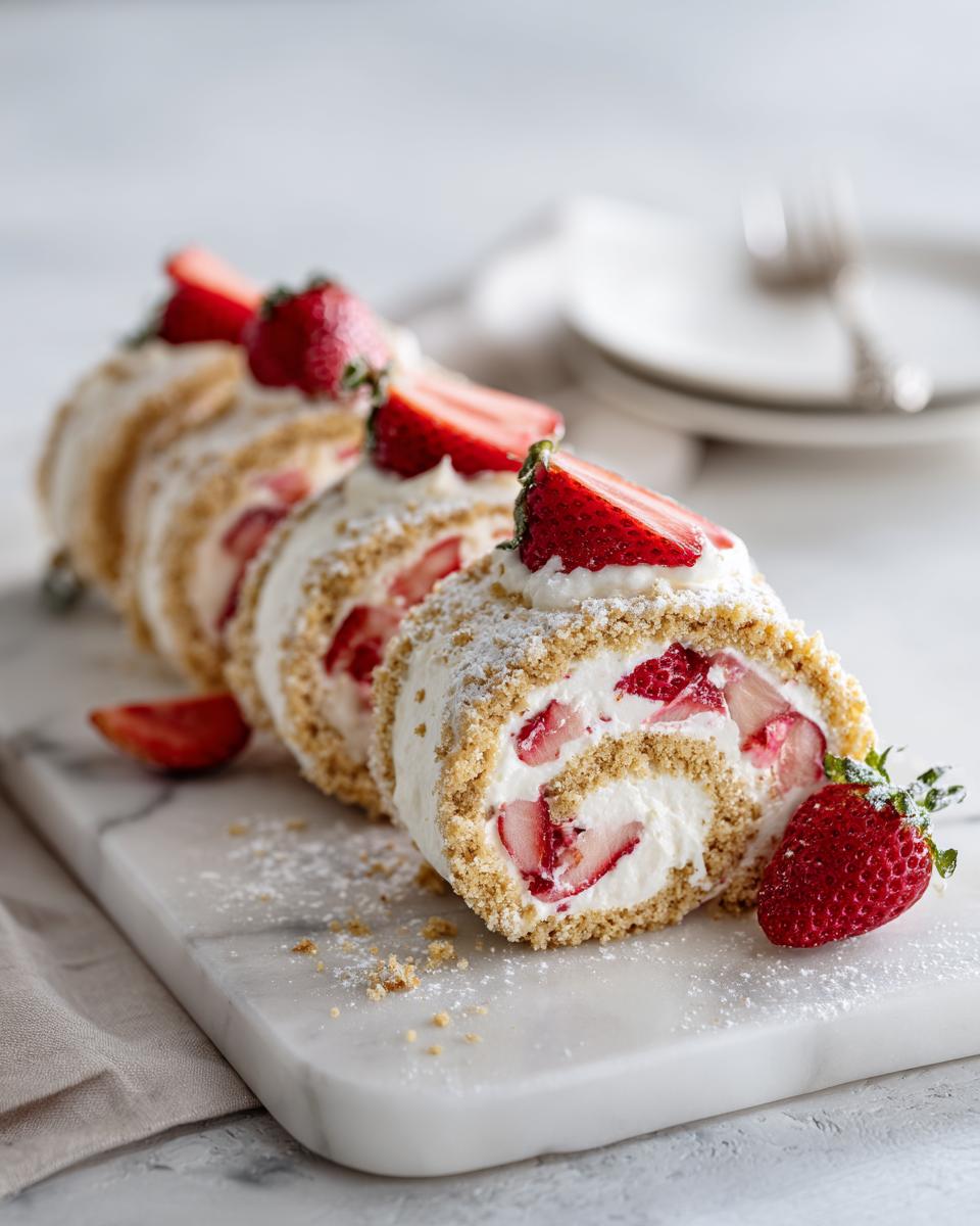 Four slices of Strawberry Cheesecake Rolls with Graham Cracker Crumble, topped with fresh strawberries.
