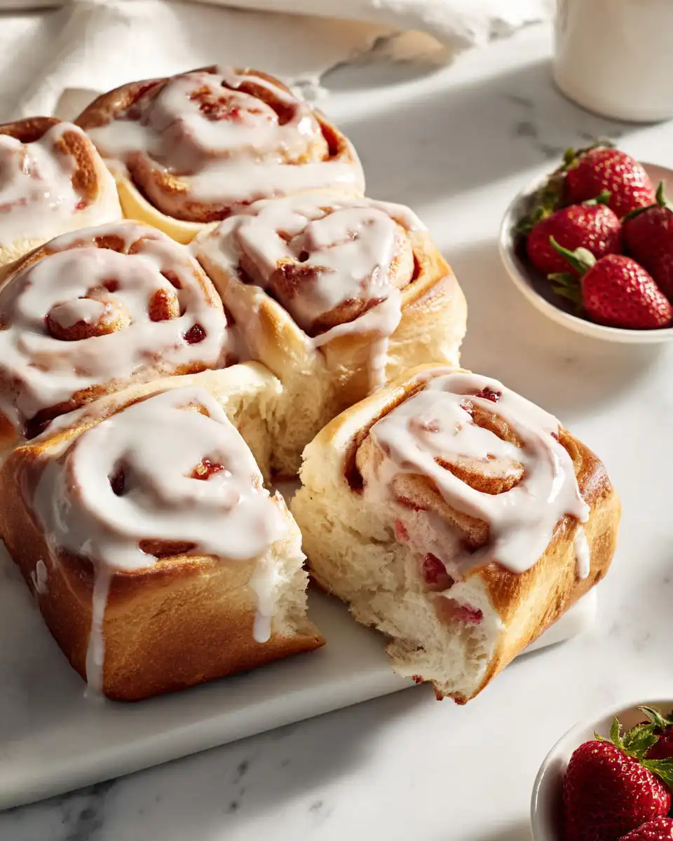 Close-up of soft Strawberry Cheesecake Rolls with thick vanilla glaze drizzled over them.