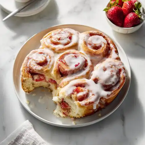 Close-up of freshly baked Strawberry Cheesecake Rolls with Vanilla Glaze, one roll partially eaten.