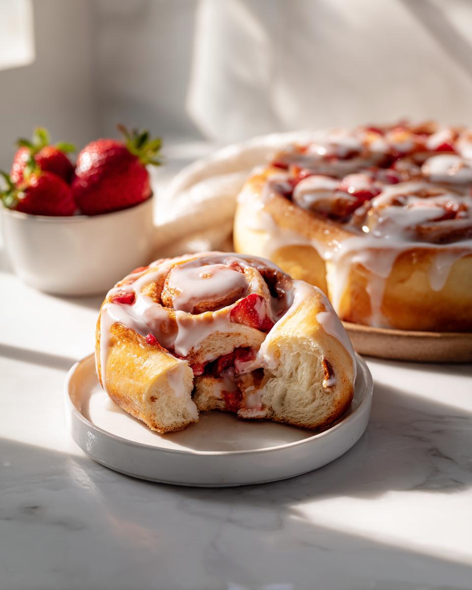 A bitten Strawberry Cheesecake Roll with Vanilla Glaze sits on a plate, showing soft interior and strawberry filling.