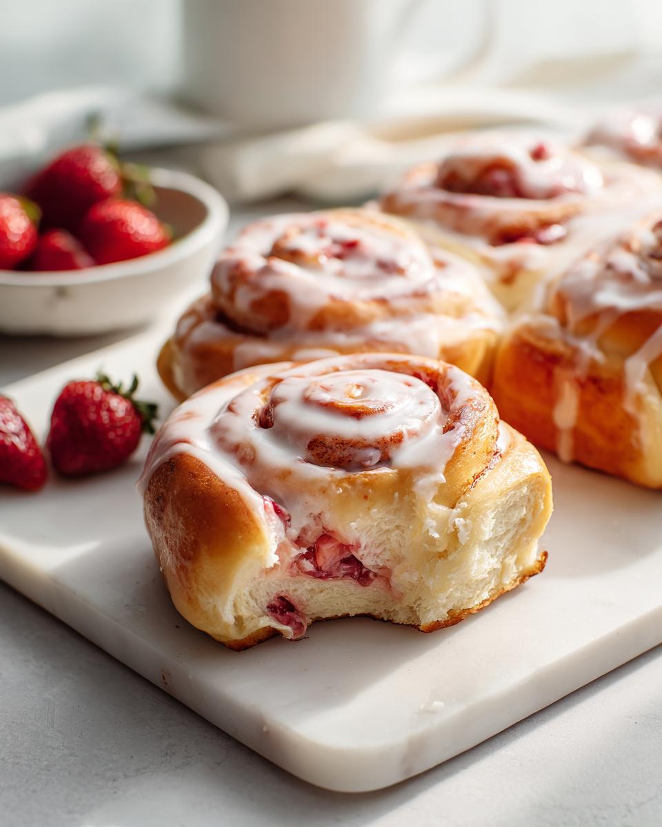 Close-up of a Strawberry Cheesecake Roll with Vanilla Glaze, showing the soft interior and strawberry filling, with a bite taken out.